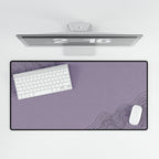 Printify preview: Minimal Smoked Lilac, 31.5 × 15.5 inches, overhead desk view with keyboard and mouse.