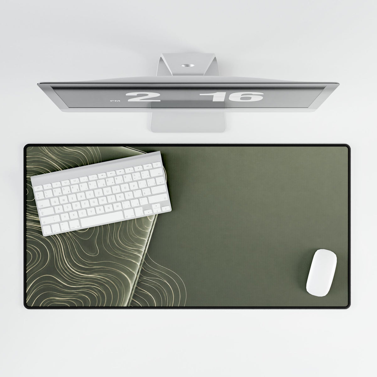 Printify preview: overhead view of Sage Optic, 31.5 × 15.5 inches, with keyboard and mouse.