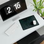 Printify preview: Teal Atlas, 14.4 × 12.1 inches, angled desk view with keyboard and mouse.