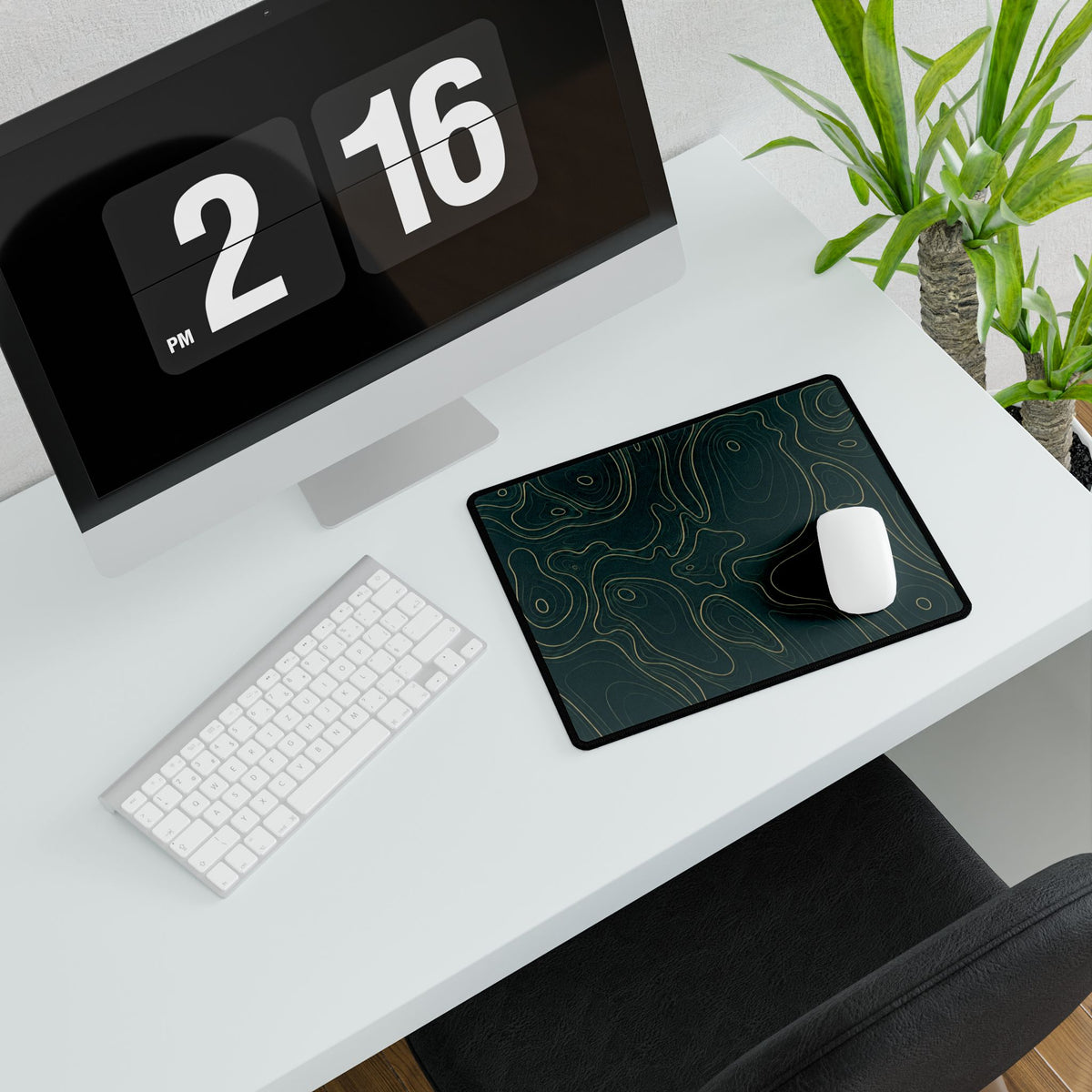Printify preview: Teal Atlas, 14.4 × 12.1 inches, angled desk view with keyboard and mouse.