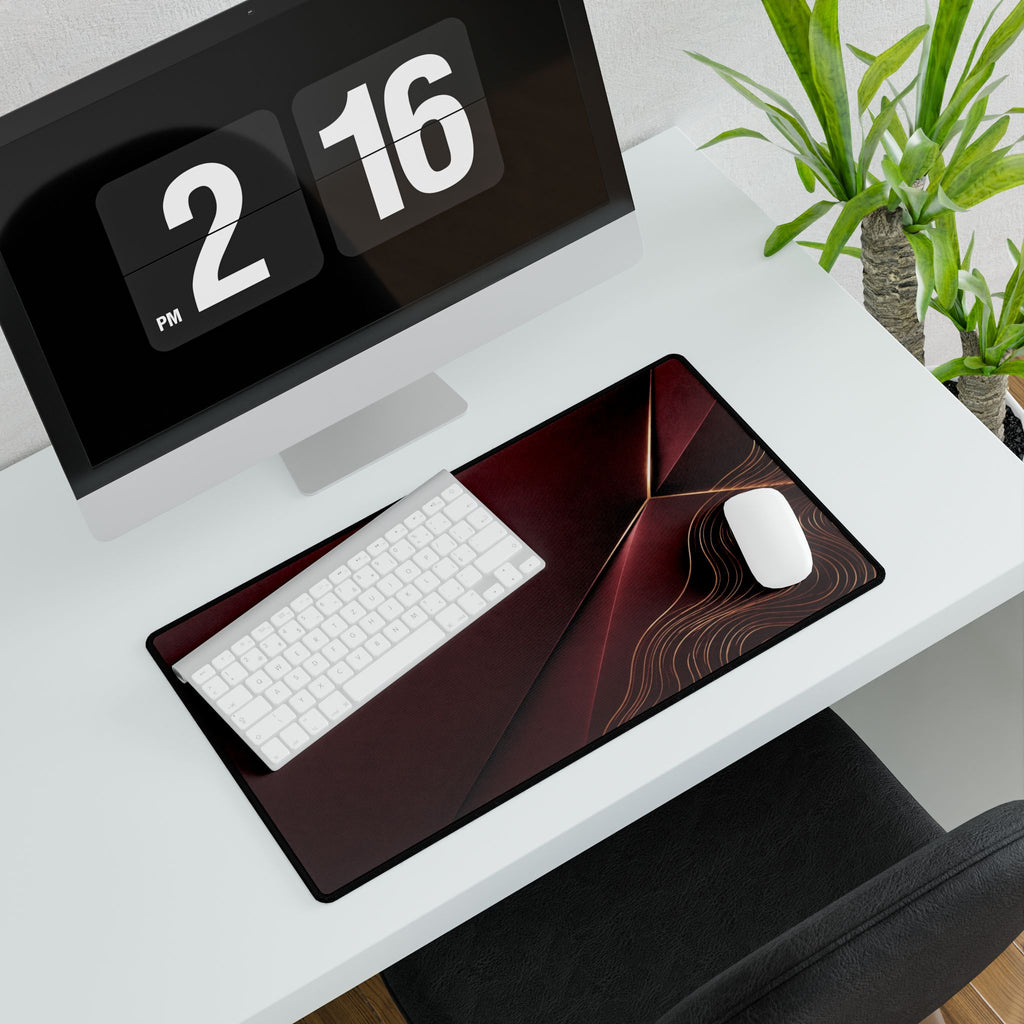Printify preview: Burgundy Facet, 23.6 × 13.8 inches, angled desk view with keyboard and mouse.