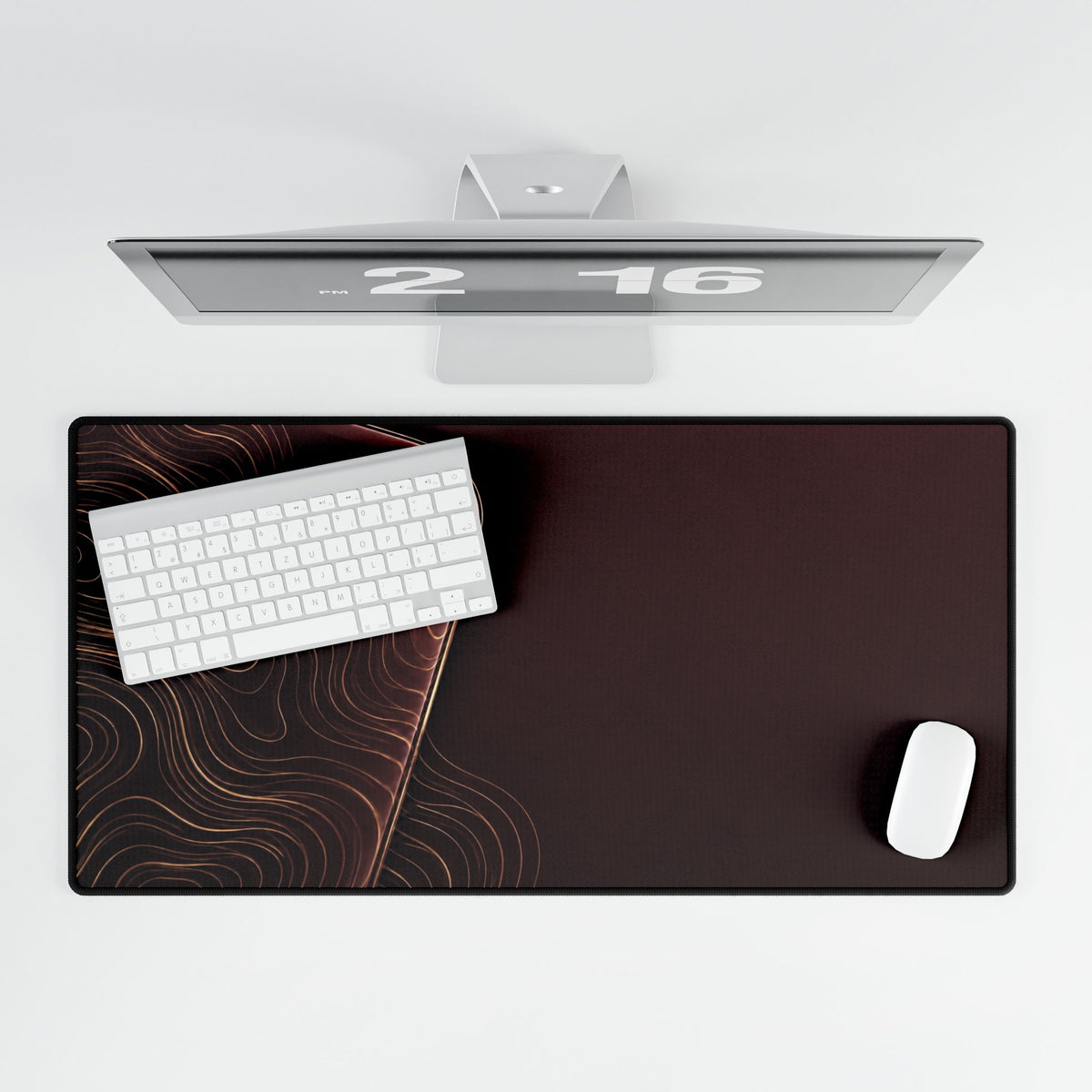 Printify preview: overhead view of Burgundy Optic, 31.5 × 15.5 inches, with keyboard and mouse.
