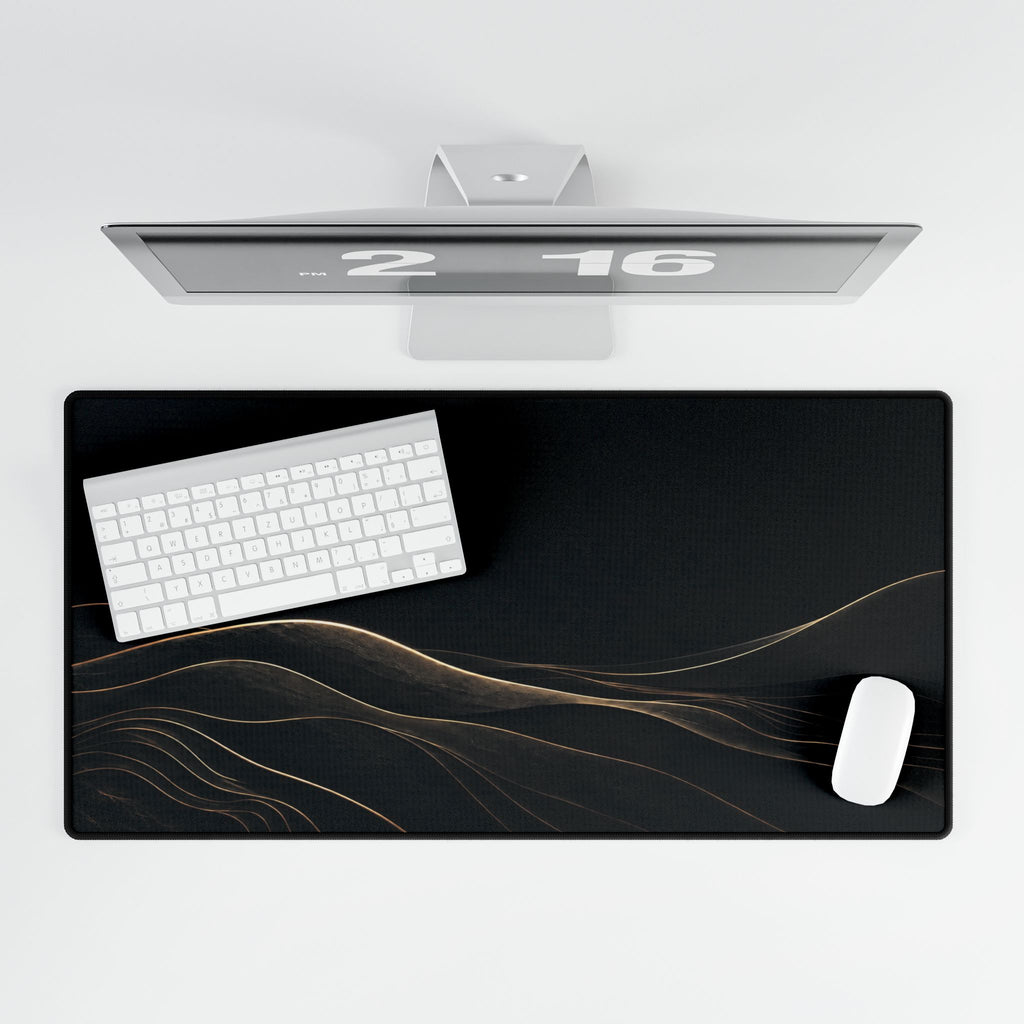 Printify preview: Obsidian Horizon, 31.5 × 15.5 inches, overhead desk view with keyboard and mouse.