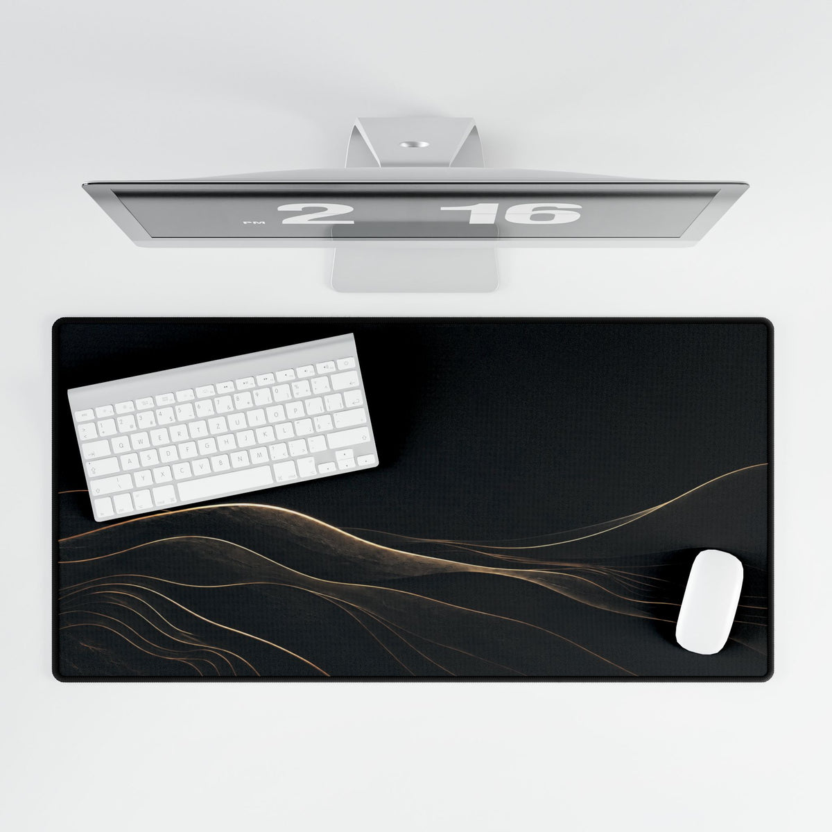 Printify preview: Obsidian Horizon, 31.5 × 15.5 inches, overhead desk view with keyboard and mouse.