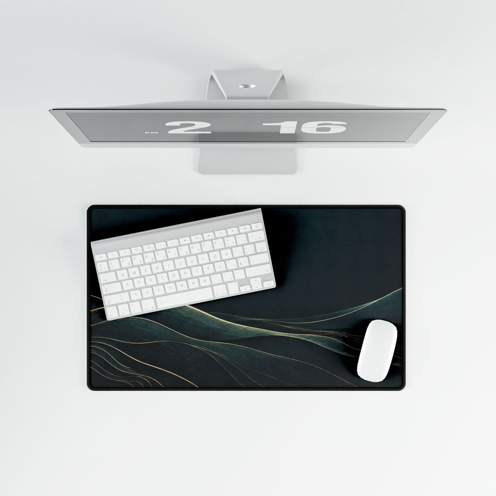 Printify preview: overhead view of Teal Horizon, 23.6 × 13.8 inches, with keyboard and mouse.