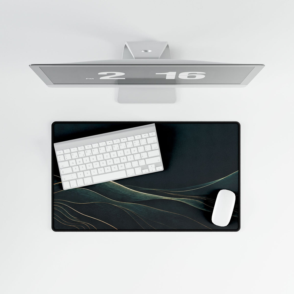 Printify preview: overhead view of Teal Horizon, 23.6 × 13.8 inches, with keyboard and mouse.