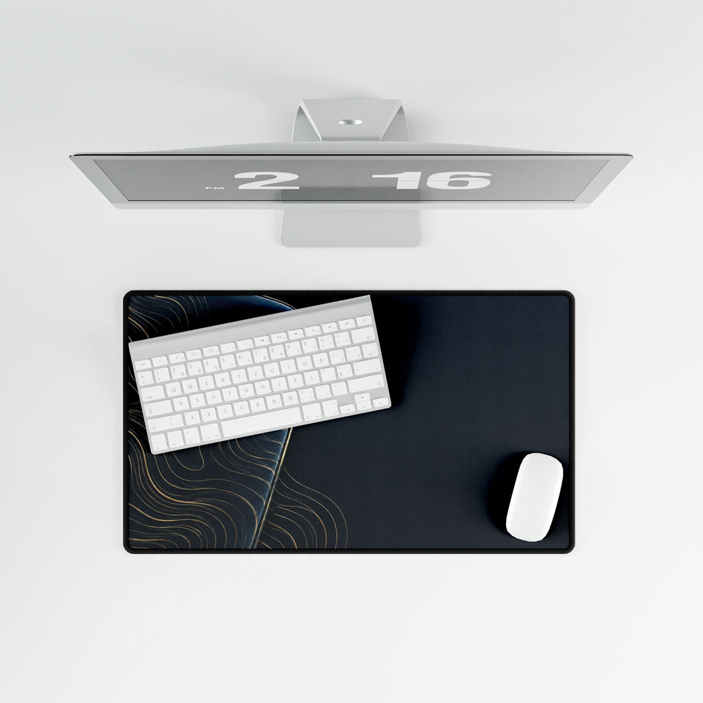 Printify preview: overhead view of Navy Optic, 23.6 × 13.8 inches, with keyboard and mouse.