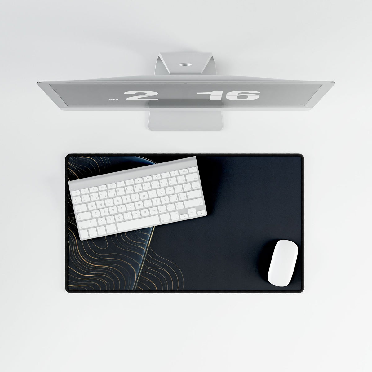 Printify preview: overhead view of Navy Optic, 23.6 × 13.8 inches, with keyboard and mouse.