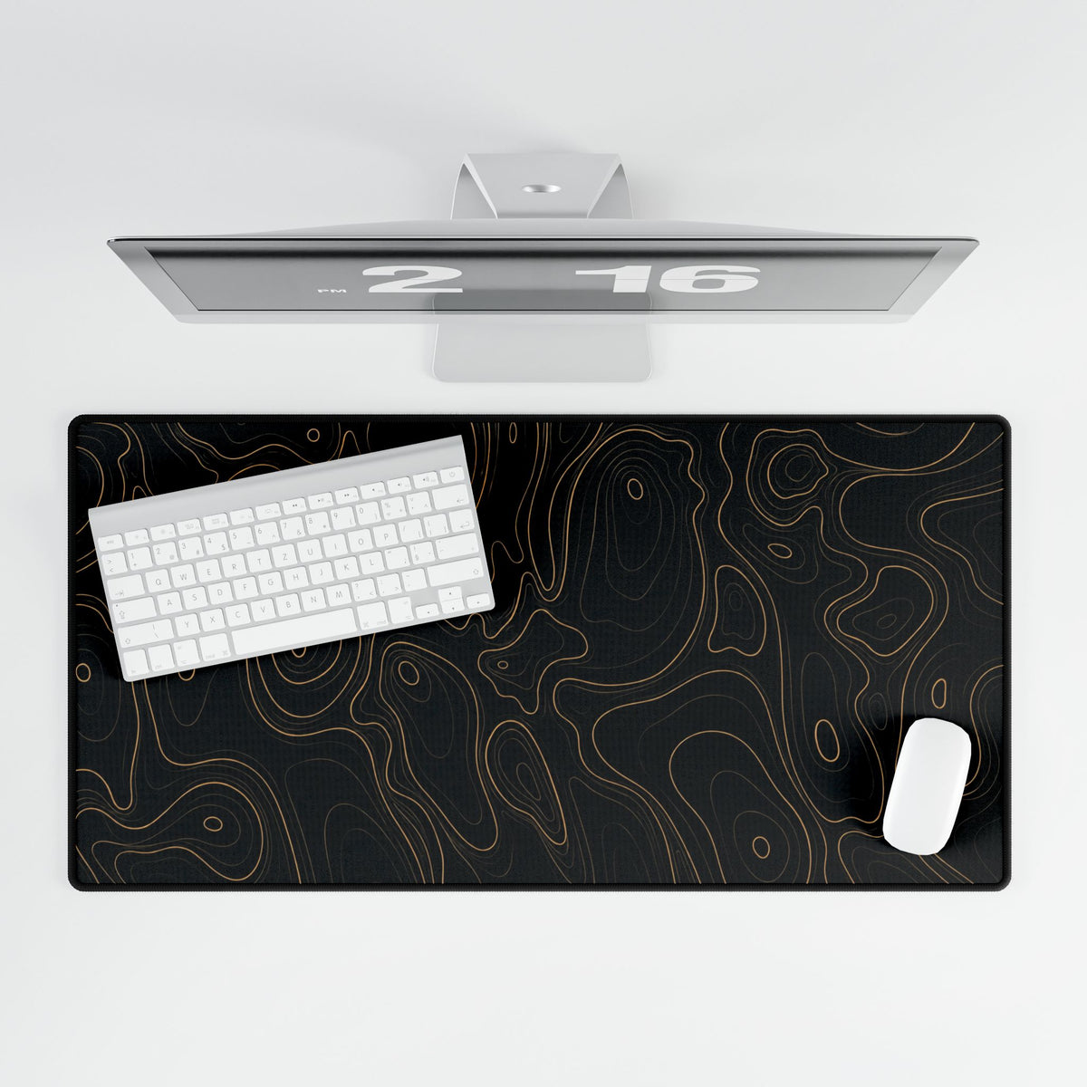 Printify preview: Obsidian Atlas, 31.5 × 15.5 inches, overhead desk view with keyboard and mouse.