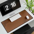 Printify preview: Minimal Cognac Ink, 31.5 × 15.5 inches, angled desk view with keyboard and mouse.