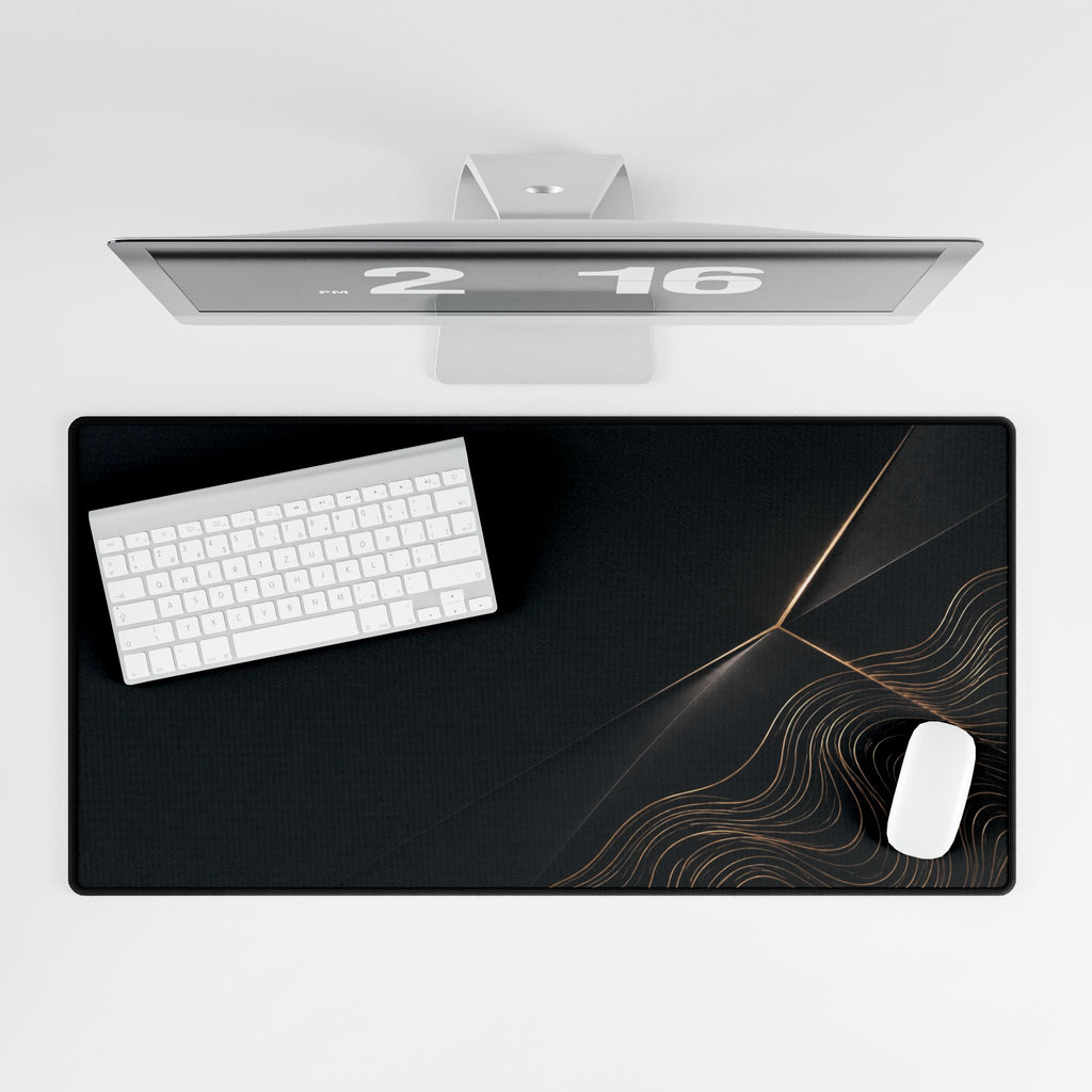Printify preview: Obsidian Facet, 31.5 × 15.5 inches, overhead desk view with keyboard and mouse.