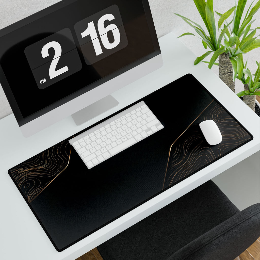 Printify preview: Obsidian Cutaway, 31.5 × 15.5 inches, with keyboard and mouse on a white desk, viewed at an angle.