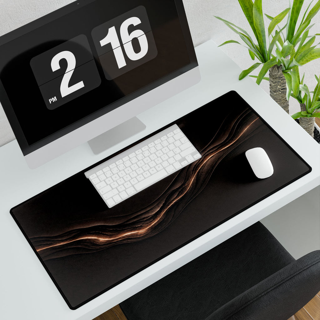 Printify preview: Espresso Radiance, 31.5 × 15.5 inches, angled desk view with keyboard and mouse.