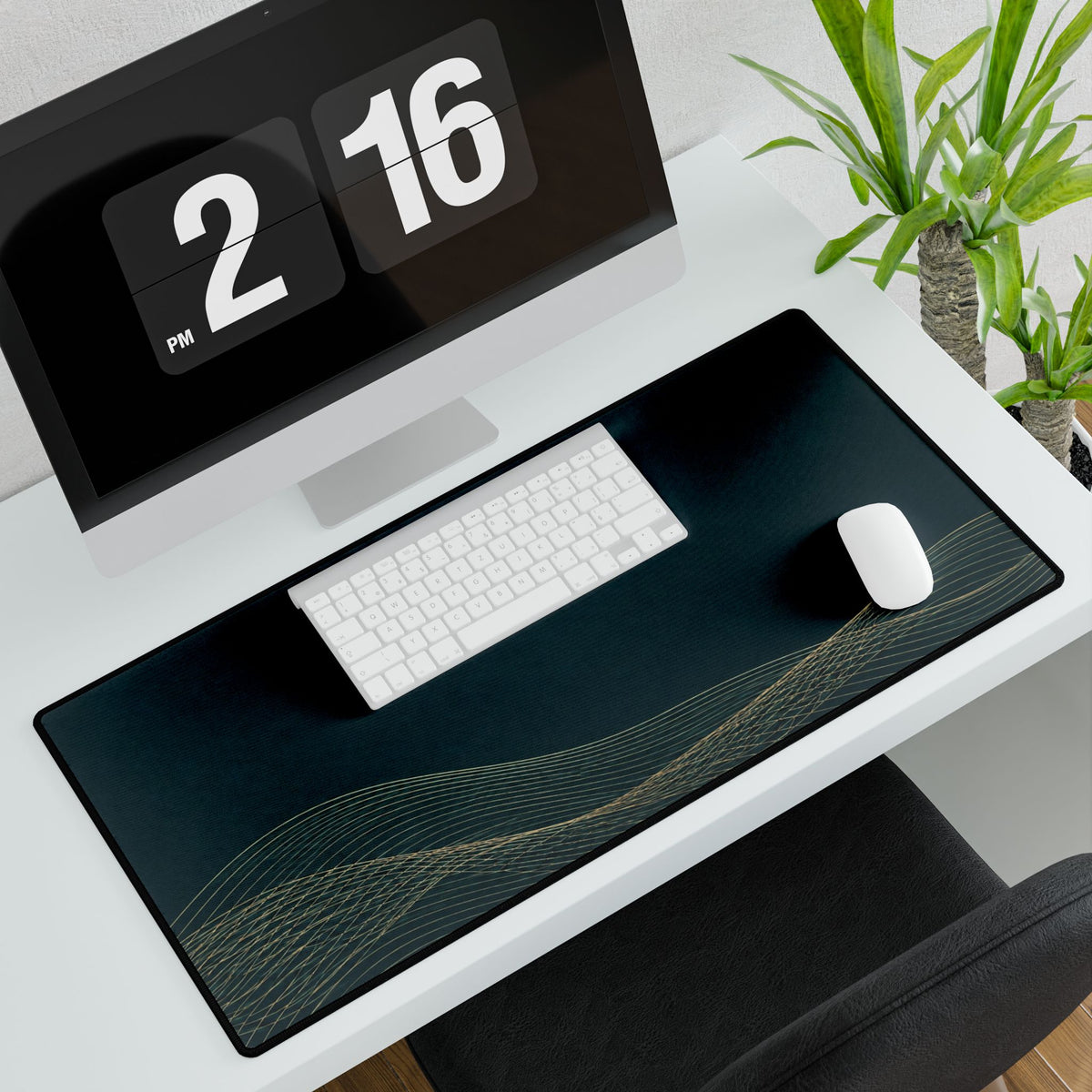 Printify preview: Teal Interference, 31.5 × 15.5 inches, with keyboard and mouse on a white desk, viewed at an angle.
