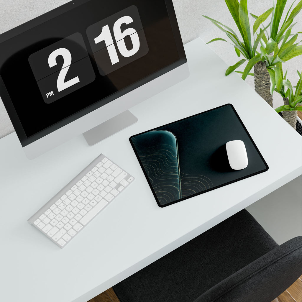 Printify preview: Teal Optic, 14.4 × 12.1 inches, with a mouse beside a keyboard, viewed at an angle.