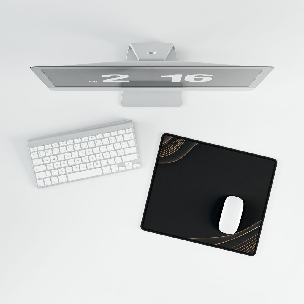 Printify preview: Obsidian Relief, 14.4 × 12.1 inches, overhead desk view with keyboard and mouse.