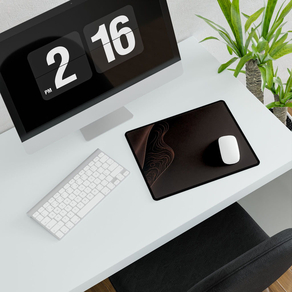 Printify preview: Espresso Fold, 14.4 × 12.1 inches, angled desk view with keyboard and mouse.