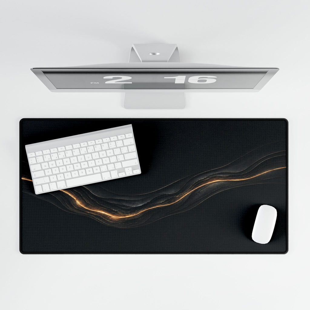 Printify preview: Obsidian Radiance, 31.5 × 15.5 inches, overhead desk view with keyboard and mouse.
