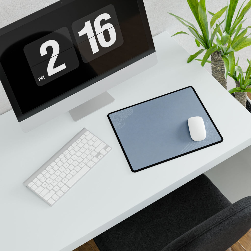 Printify preview: Minimal Artic Mist, 31.5 × 15.5 inches, angled desk view with keyboard and mouse.