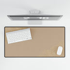 Overhead view of Minimal Beige desk mat beneath a keyboard and mouse on a white desk.