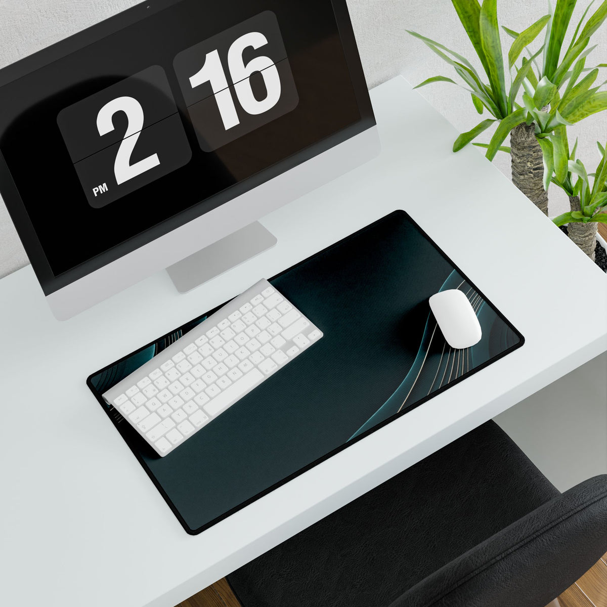 Printify preview: Teal Relief, 23.6 × 13.8 inches, angled desk view with keyboard and mouse.