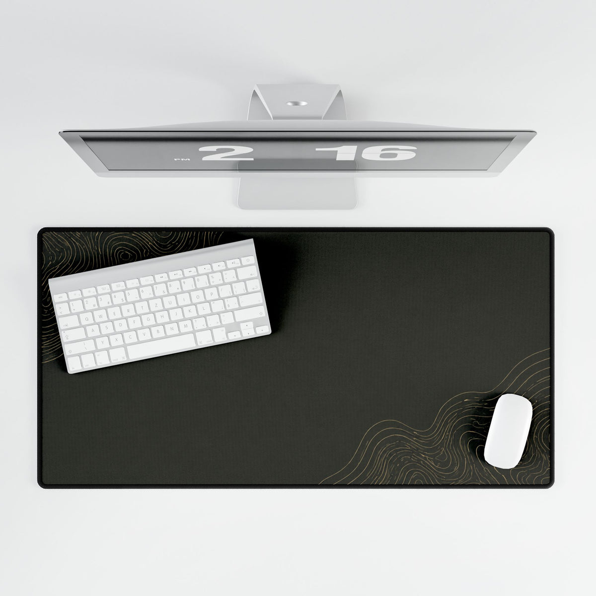 Printify preview: Minimal Olive Gold, 31.5 × 15.5 inches, overhead desk view with keyboard and mouse.