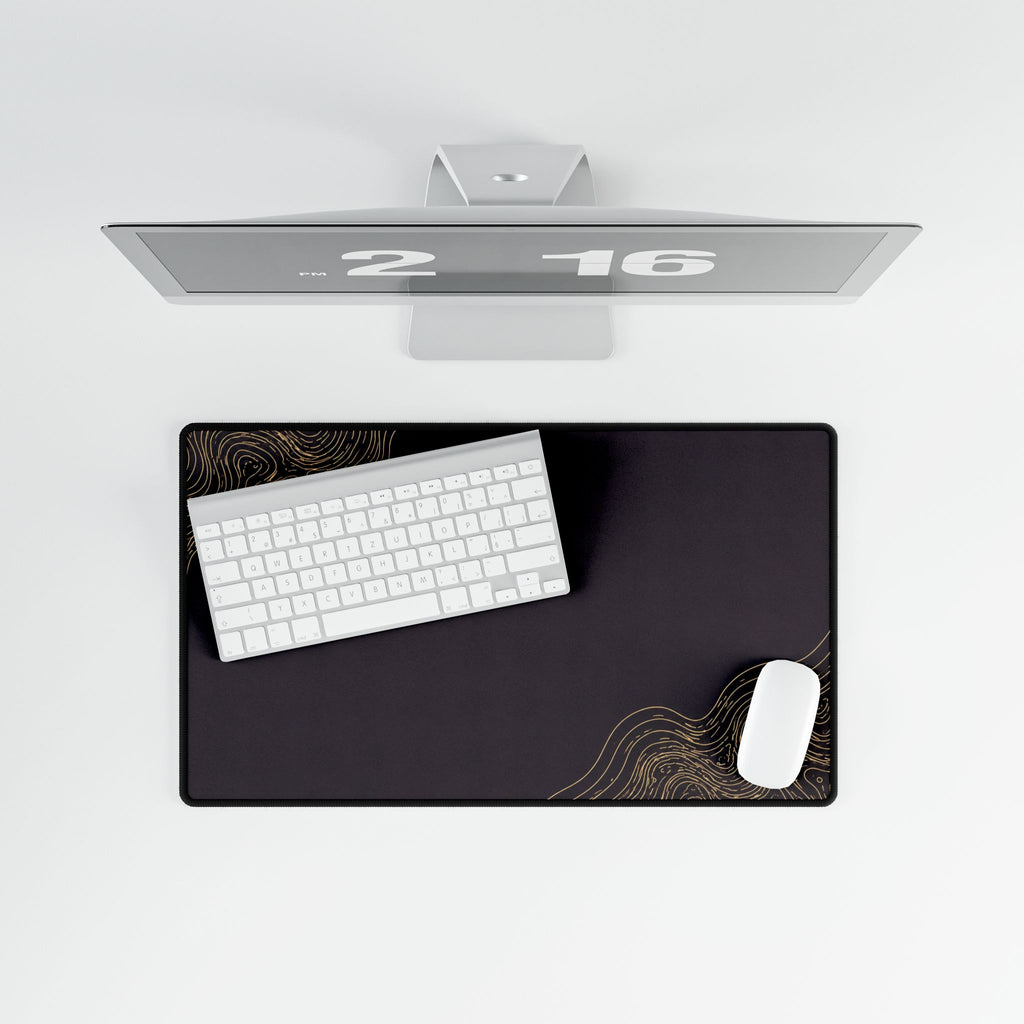 Printify preview: Minimal Aubergine Gold, 23.6 × 13.8 inches, overhead desk view with keyboard and mouse.