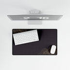 Printify preview: Minimal Aubergine Gold, 23.6 × 13.8 inches, overhead desk view with keyboard and mouse.