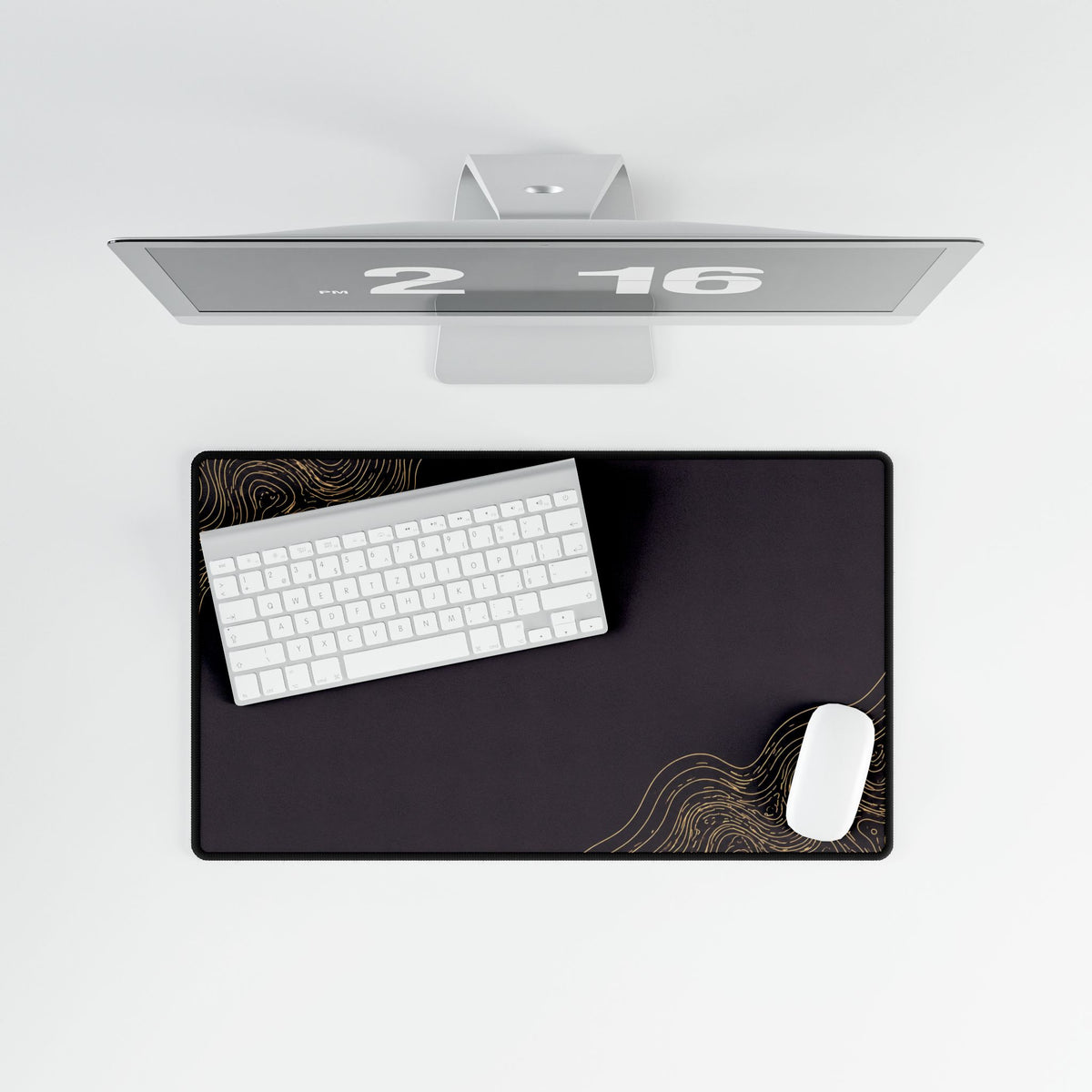 Printify preview: Minimal Aubergine Gold, 23.6 × 13.8 inches, overhead desk view with keyboard and mouse.