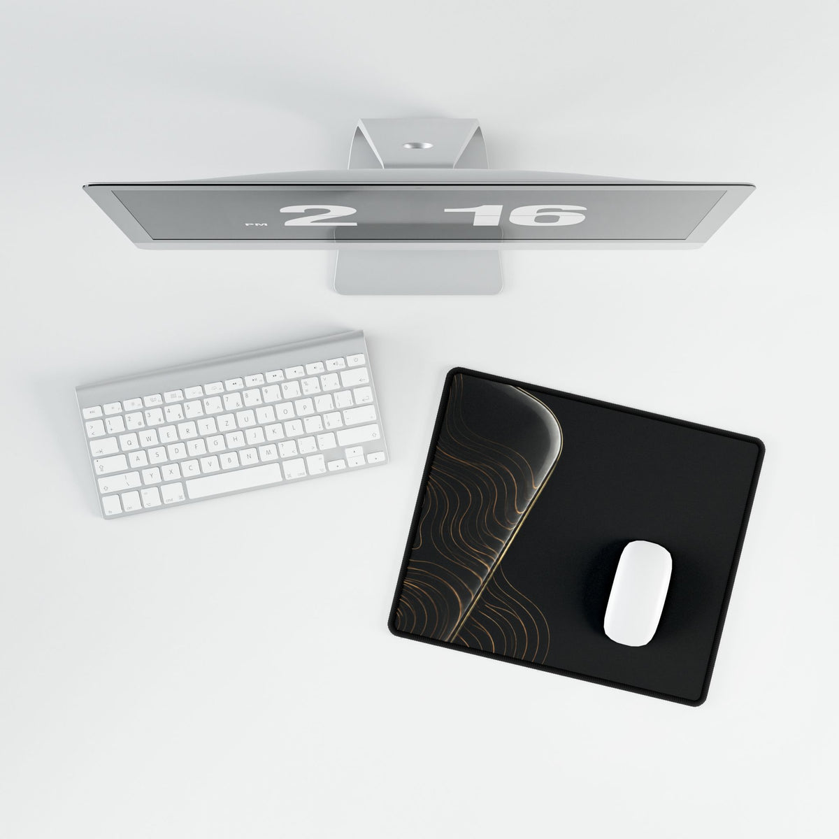 Printify preview: overhead view of Obsidian Optic, 14.4 × 12.1 inches, with a mouse beside a keyboard.