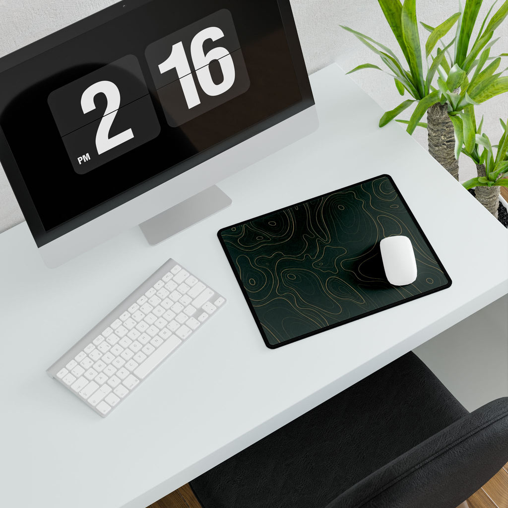Printify preview: Forest Atlas, 14.4 × 12.1 inches, angled desk view with keyboard and mouse.