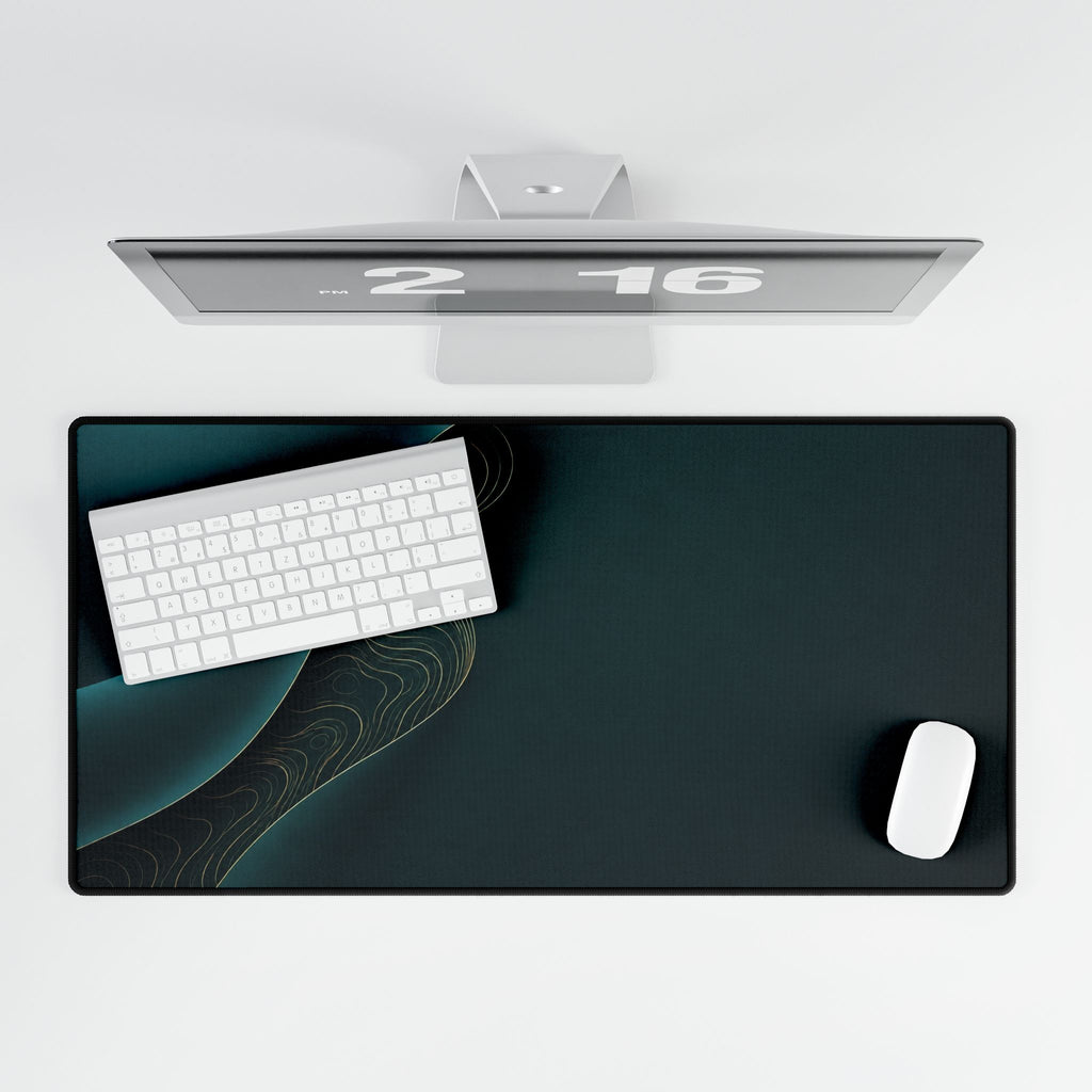 Printify preview: Teal Fold, 31.5 × 15.5 inches, overhead desk view with keyboard and mouse.