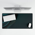 Printify preview: Teal Fold, 31.5 × 15.5 inches, overhead desk view with keyboard and mouse.