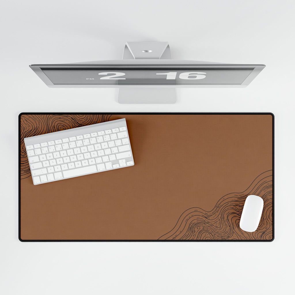 Printify preview: Minimal Cognac Ink, 31.5 × 15.5 inches, overhead desk view with keyboard and mouse.