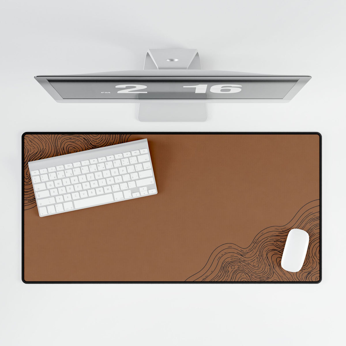 Printify preview: Minimal Cognac Ink, 31.5 × 15.5 inches, overhead desk view with keyboard and mouse.
