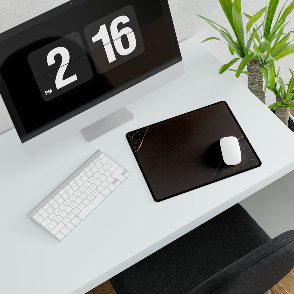Printify preview: Espresso Cutaway, 14.4 × 12.1 inches, with a mouse beside a keyboard, viewed at an angle.