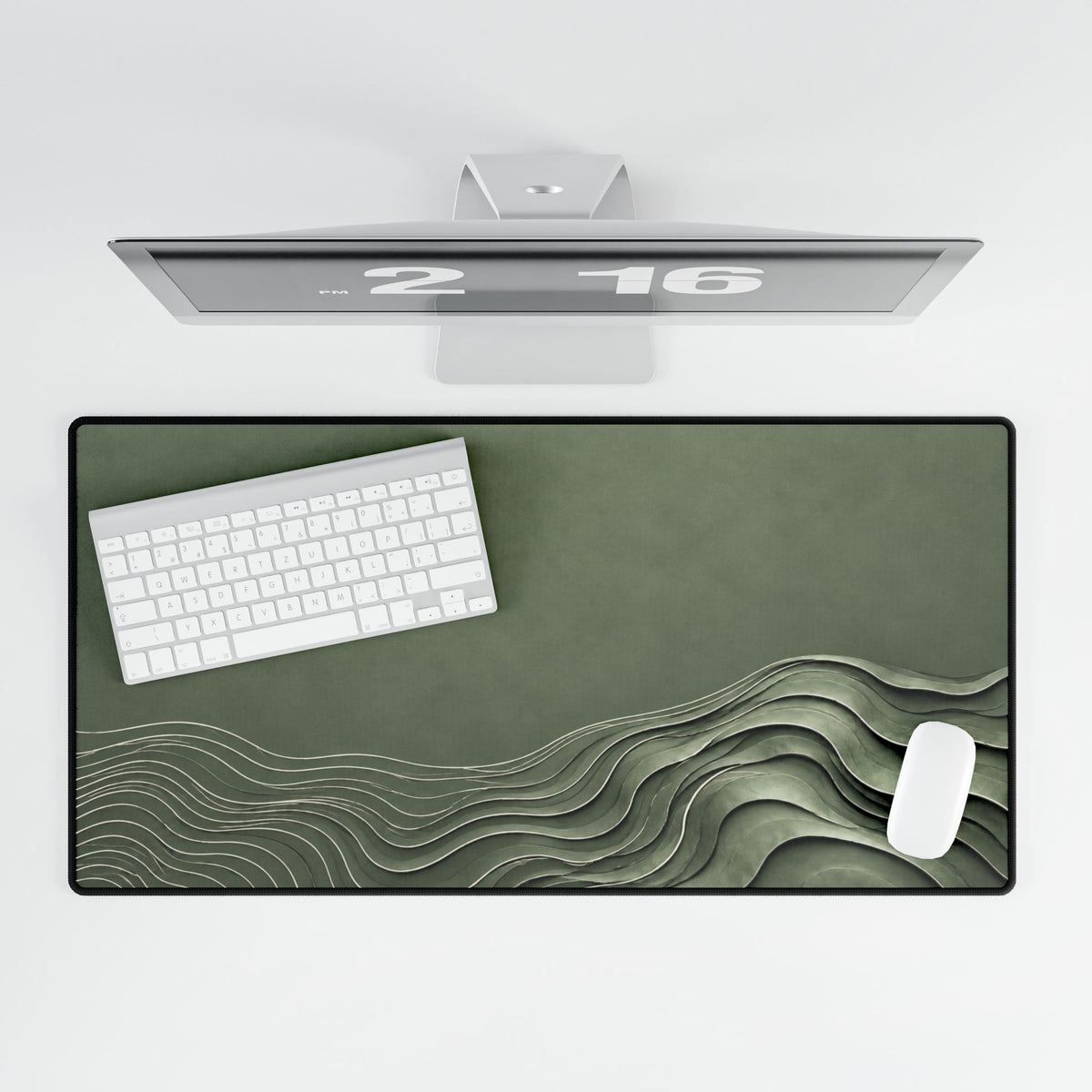 Printify preview: overhead view of Sage Evolution, 31.5 × 15.5 inches, with keyboard and mouse.