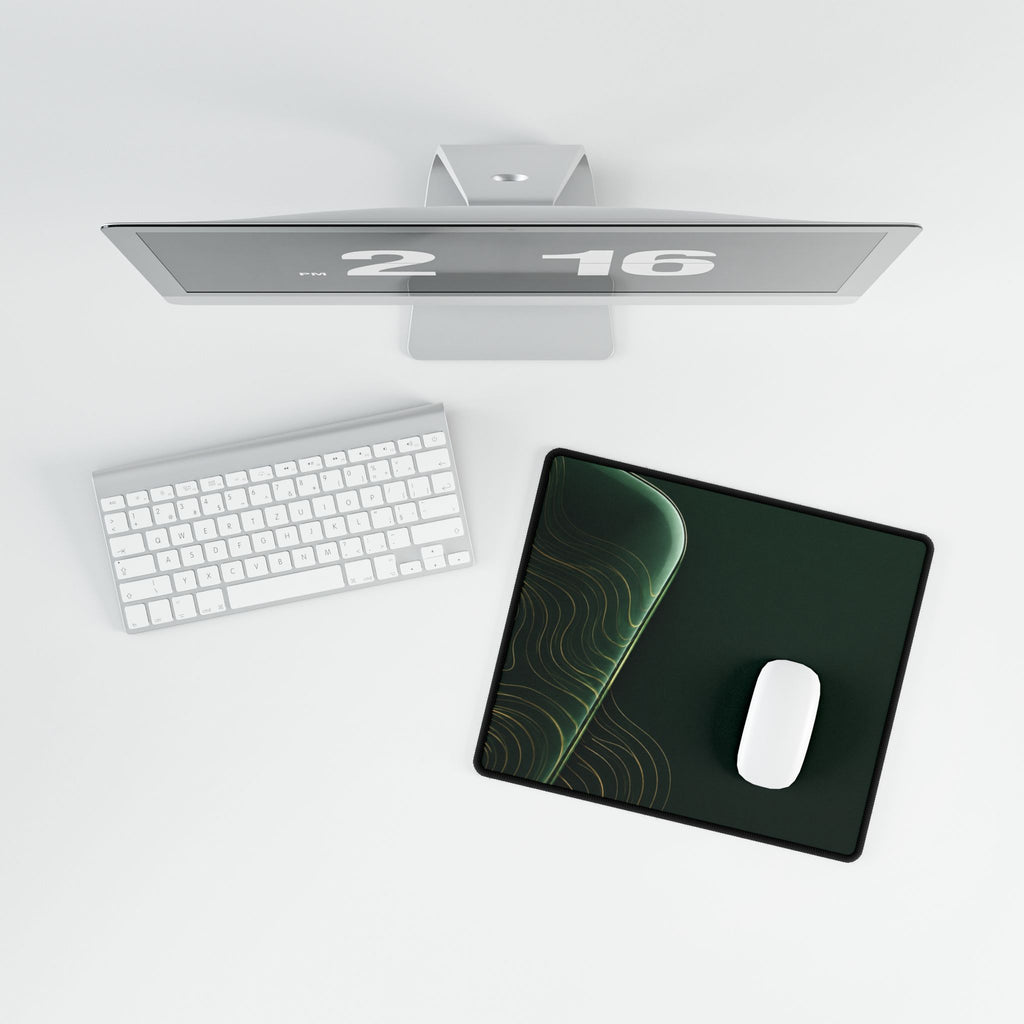 Printify preview: overhead view of Forest Optic, 14.4 × 12.1 inches, with a mouse beside a keyboard.