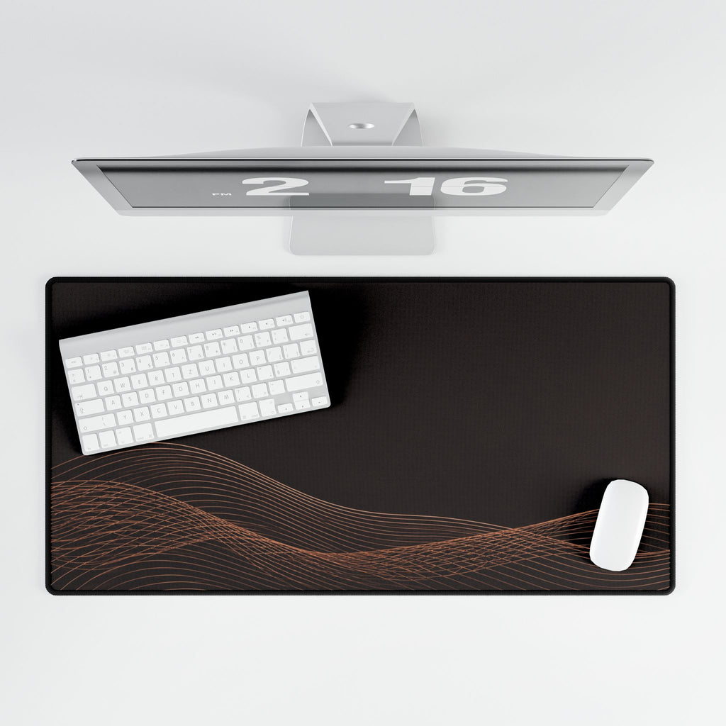 Printify preview: overhead view of Espresso Interference, 31.5 × 15.5 inches, with keyboard and mouse.