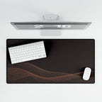 Printify preview: overhead view of Espresso Interference, 31.5 × 15.5 inches, with keyboard and mouse.