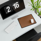 Printify preview: Minimal Cognac Ink, 14.4 × 12.1 inches, angled desk view with keyboard and mouse.