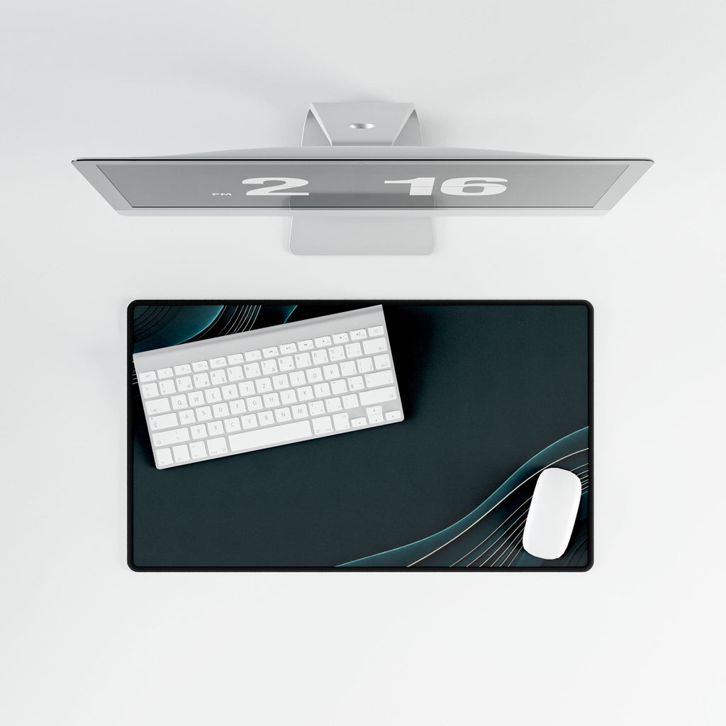Printify preview: Teal Relief, 23.6 × 13.8 inches, overhead desk view with keyboard and mouse.
