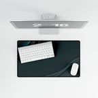 Printify preview: Teal Relief, 23.6 × 13.8 inches, overhead desk view with keyboard and mouse.