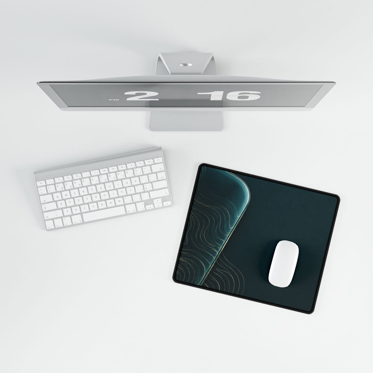 Printify preview: overhead view of Teal Optic, 14.4 × 12.1 inches, with a mouse beside a keyboard.