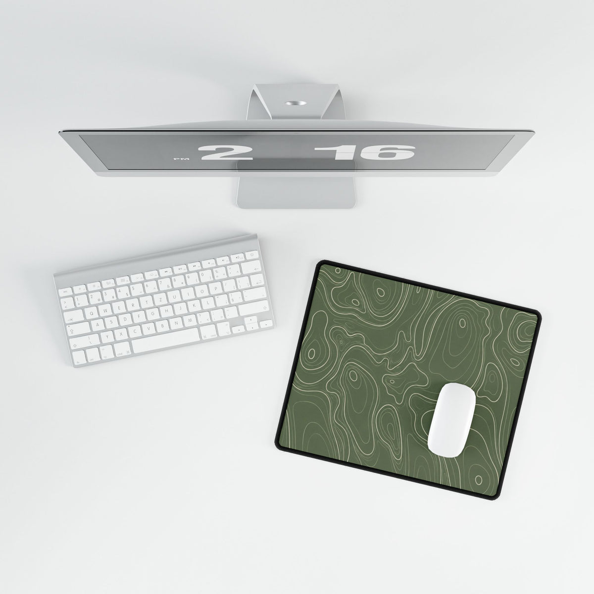 Printify preview: Sage Atlas, 14.4 × 12.1 inches, overhead desk view with keyboard and mouse.