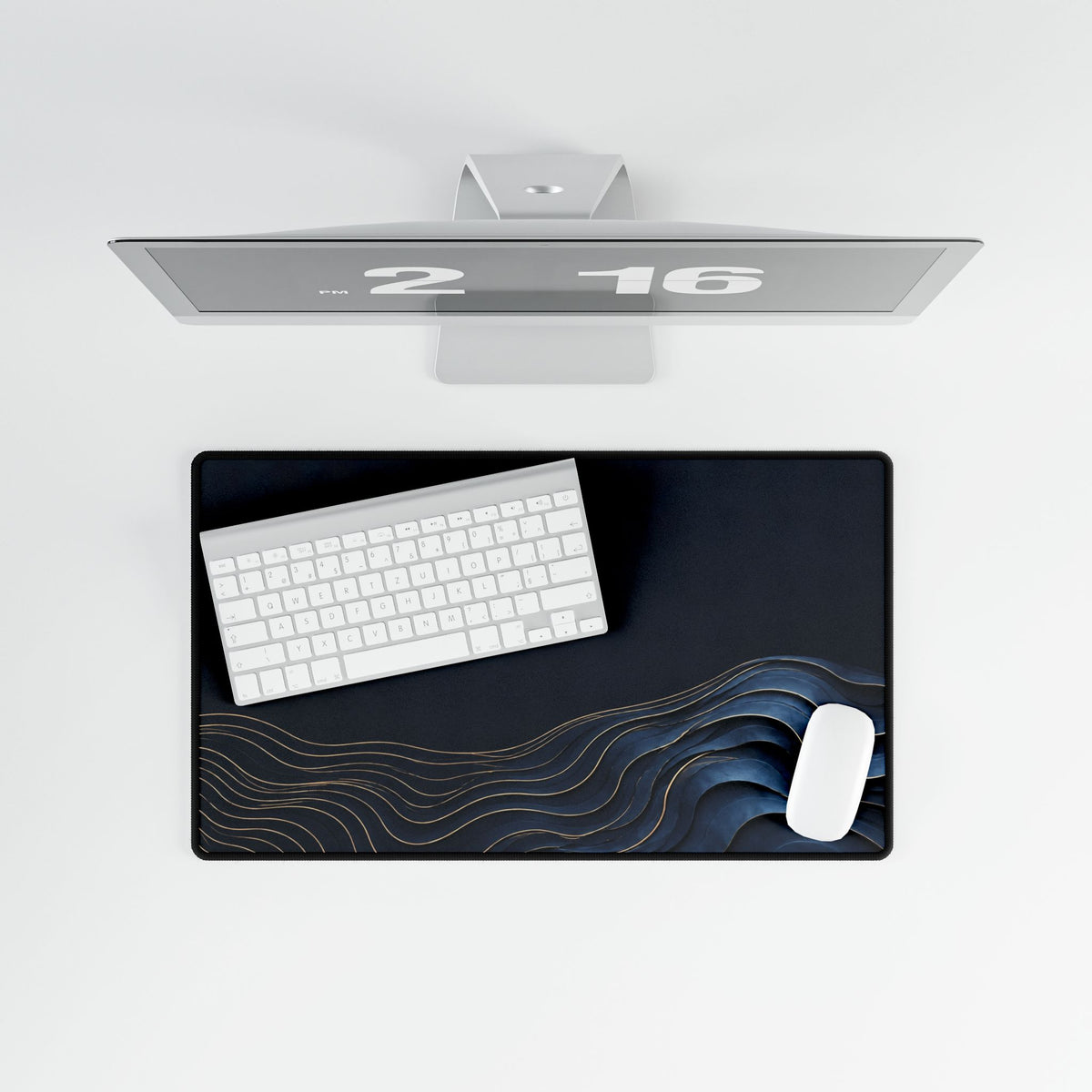 Printify preview: overhead view of Navy Evolution, 23.6 × 13.8 inches, with keyboard and mouse.