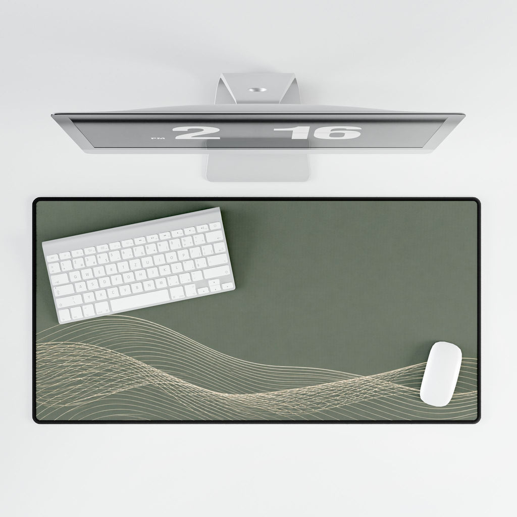 Printify preview: overhead view of Sage Interference, 31.5 × 15.5 inches, with keyboard and mouse.