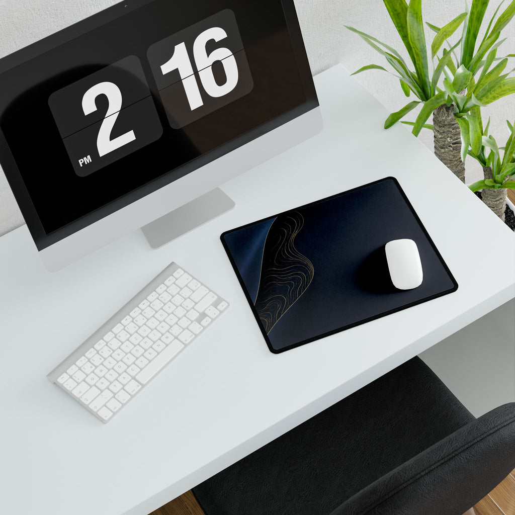Printify preview: Navy Fold, 14.4 × 12.1 inches, angled desk view with keyboard and mouse.