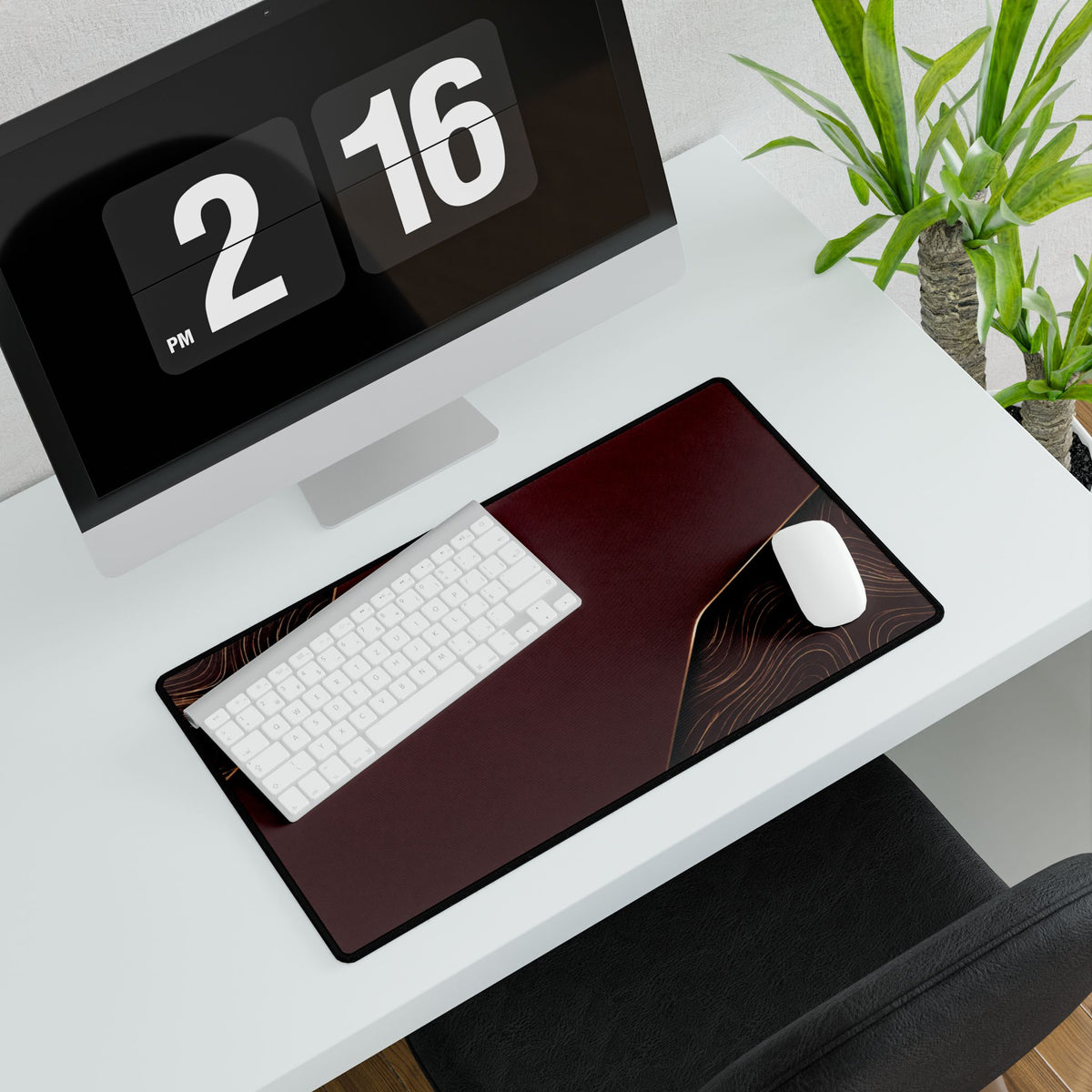 Printify preview: Burgundy Cutaway, 23.6 × 13.8 inches, with keyboard and mouse on a white desk, viewed at an angle.