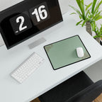 Printify preview: Minimal Celadon Bronze, 14.4 × 12.1 inches, angled desk view with keyboard and mouse.